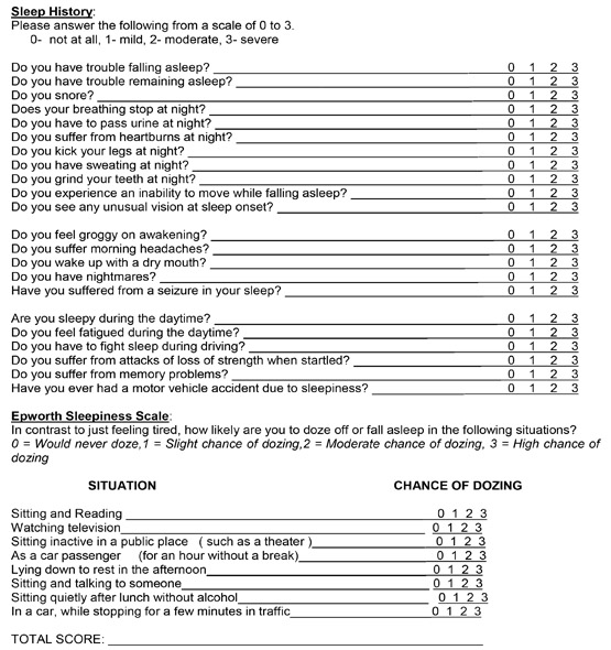 sleep history record form for narcolepsy